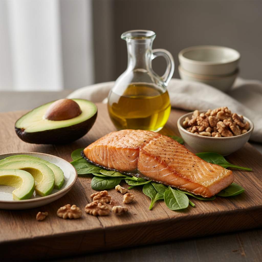 Avocados, olive oil, walnuts and salmon — common sources of healthy fats