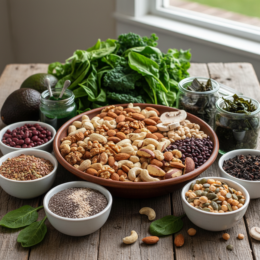 Assortment of mineral-rich foods including nuts, seeds, legumes and leafy greens
