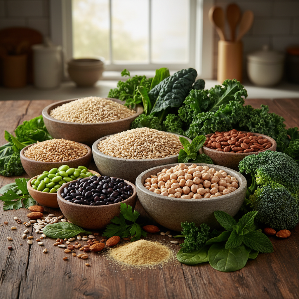 Variety of whole grains, legumes and leafy greens containing B-complex vitamins